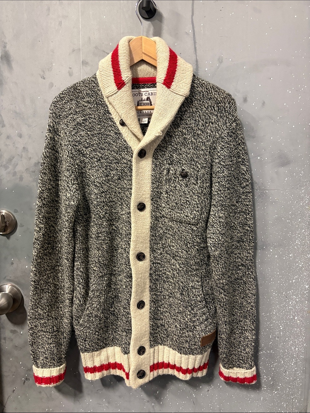 Roots Gray Shawl Collar Cardigan with Cream Trim and Red Stripes